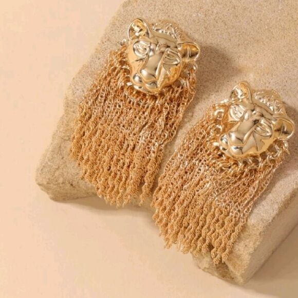 Gold Lion Head Earrings Tassel Fringe - Picture 1 of 4